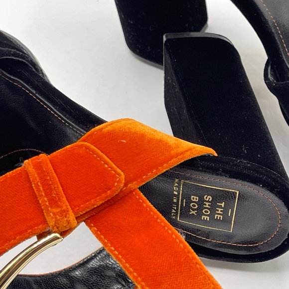 ALBERTO ZAGO VELVET 2-TONE PLATFORM SANDALS, CHUNKY HEELS, BLACK & ORANGE, SZ 39 - Picture 4 of 9